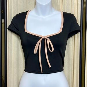 NWOT- BLACK CROP TOP WITH SQUARE NECK LINE & BEIGE/PINK BOW SIZE XS/S